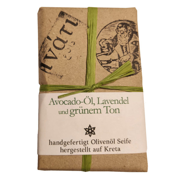 Inati Handgefertigte Olivenöl-Seife mit Avocado-Öl, Lavender & grünem Ton - 80-90 g.  (unverpackt)